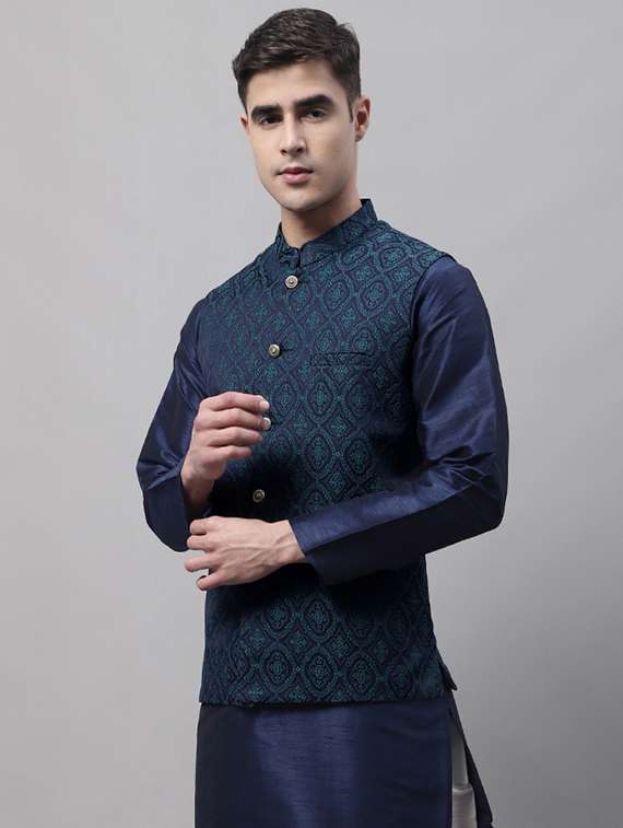 blue self design nehru jacket - 19454015 -  Standard Image - 3