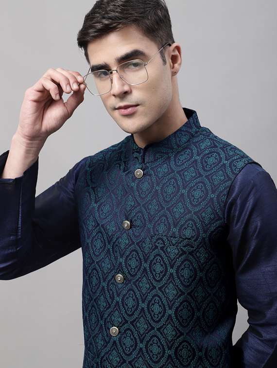 blue self design nehru jacket - 19454015 -  Standard Image - 5