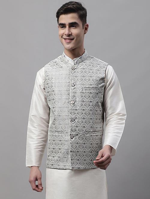 grey self design nehru jacket - 19454016 - Standard Image - 0