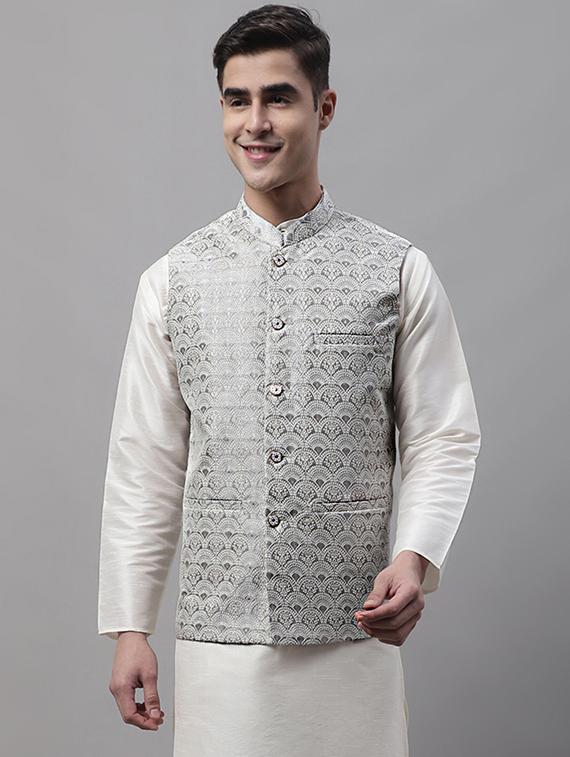 grey self design nehru jacket - 19454016 - Zoom Image - 0