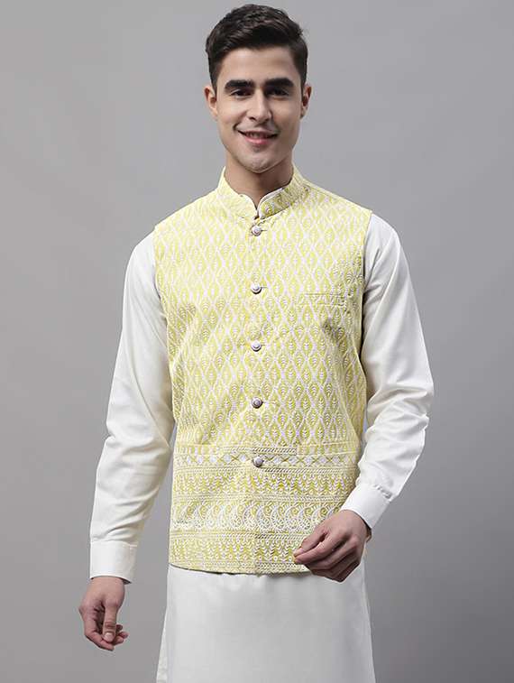 yellow self design nehru jacket - 19454022 - Zoom Image - 0