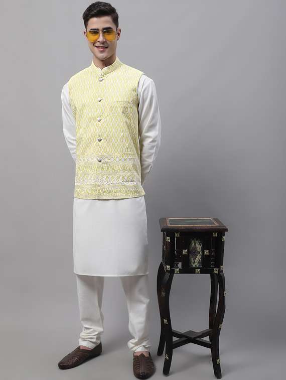 yellow self design nehru jacket - 19454022 - Standard Image - 3