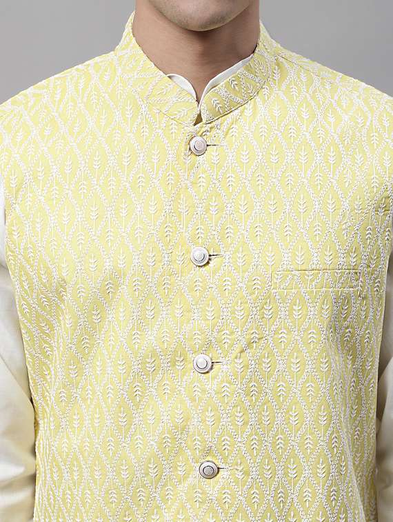yellow self design nehru jacket - 19454022 - Standard Image - 5