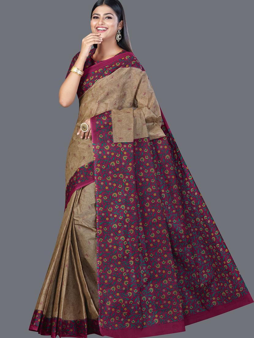 brown cotton printed saree with blouse - 19462196 - Zoom Image - 0