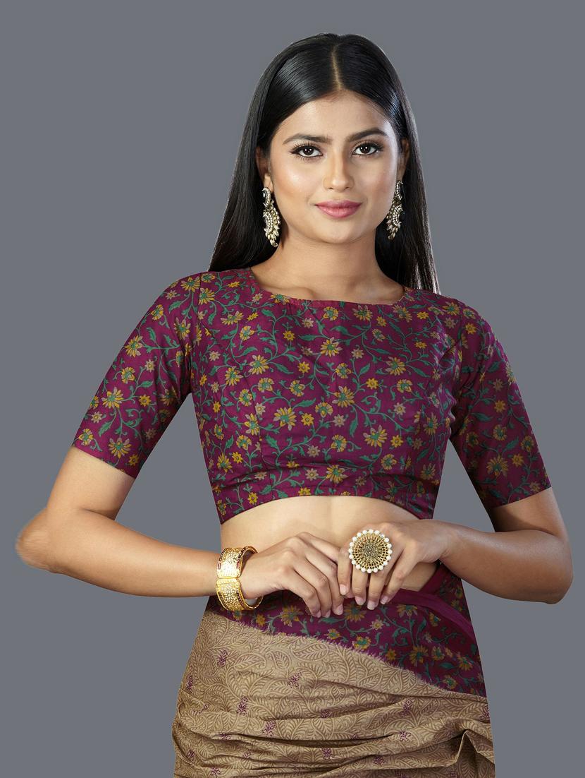 brown cotton printed saree with blouse - 19462196 - Standard Image - 3