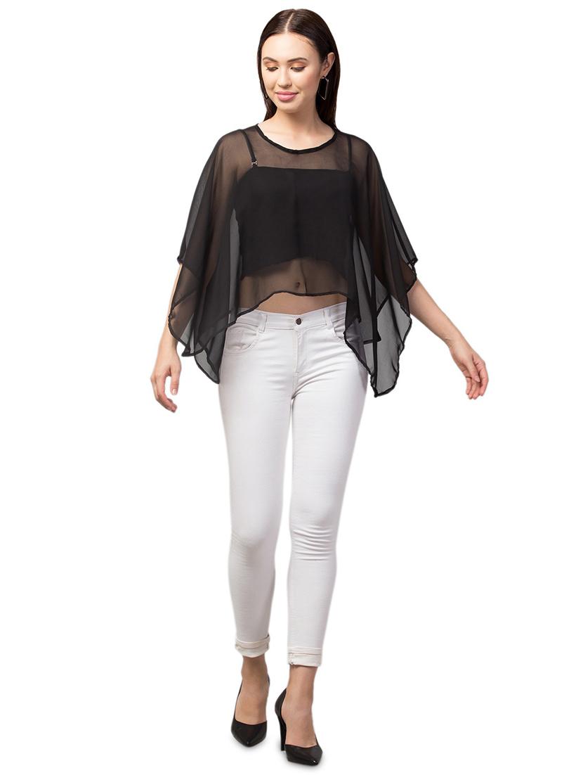 round neck solid short ponchos - 19466794 - Standard Image - 3
