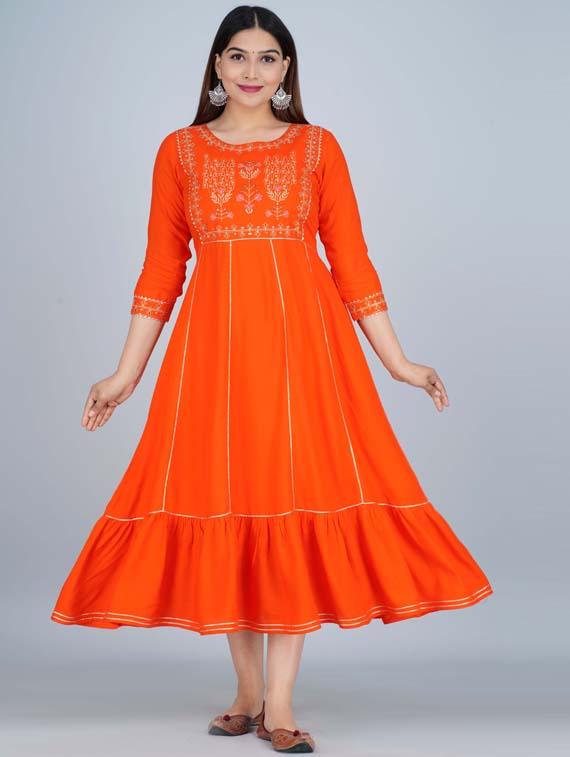 orange rayon flared kurta - 19471344 - Zoom Image - 0