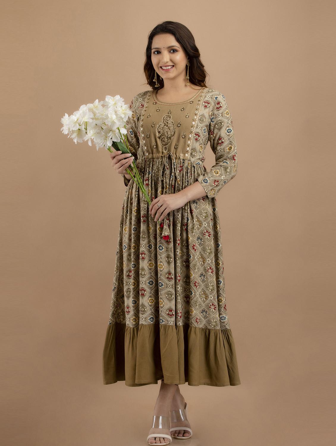 beige printed flared kurta - 19471389 -  Zoom Image - 0