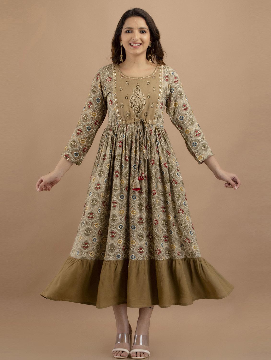 beige printed flared kurta - 19471389 - Standard Image - 3