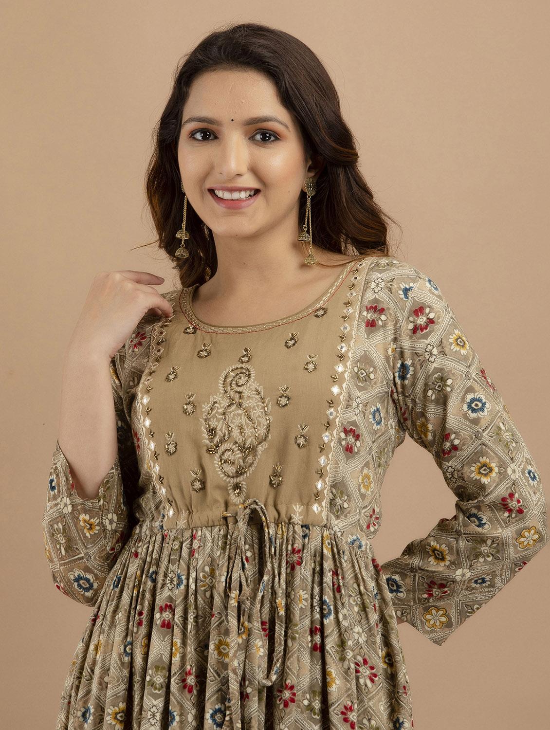 beige printed flared kurta - 19471389 - Standard Image - 5