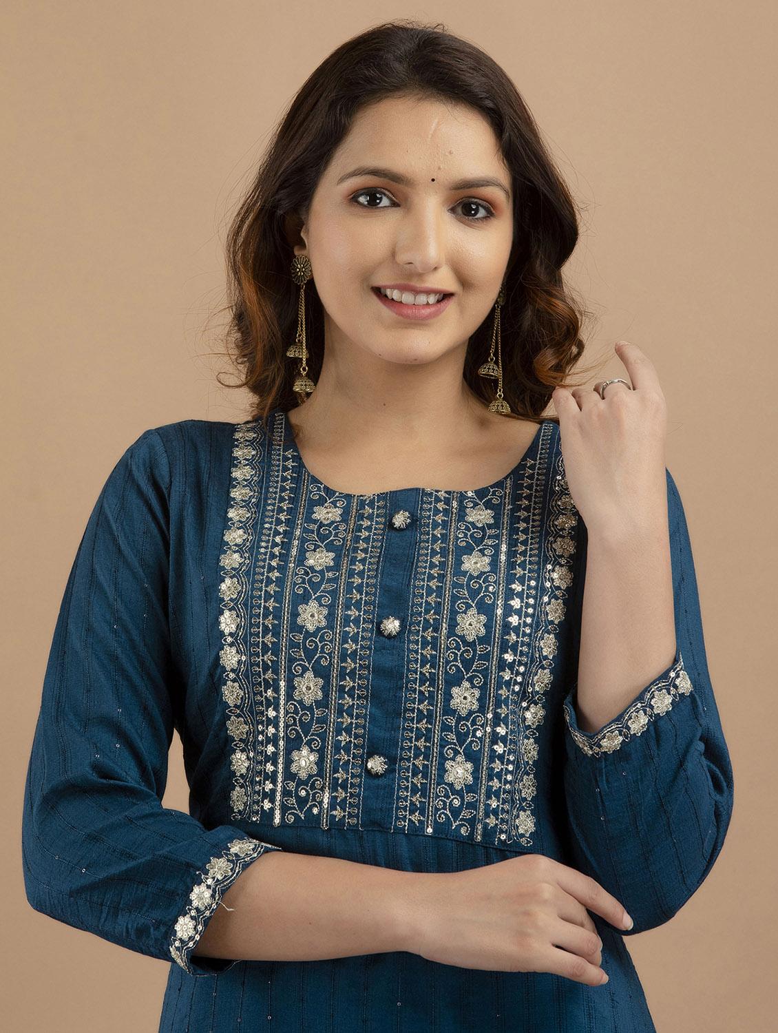 blue cotton straight kurta - 19471444 - Standard Image - 5