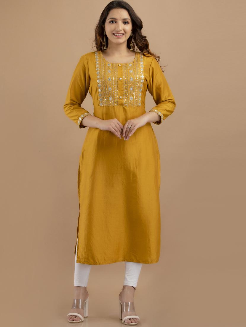 yellow round neck straight kurta - 19471446 - Zoom Image - 0