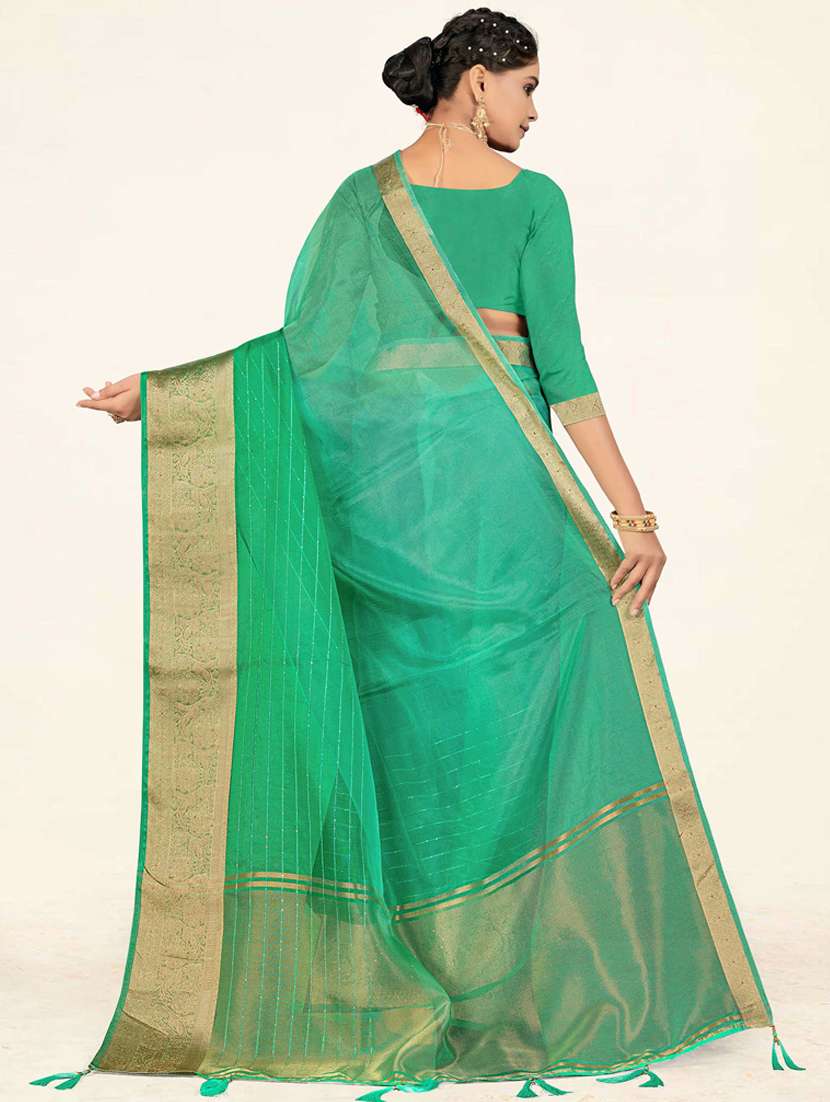 light green woven gold bordered saree with blouse - 19471861 - Standard Image - 3