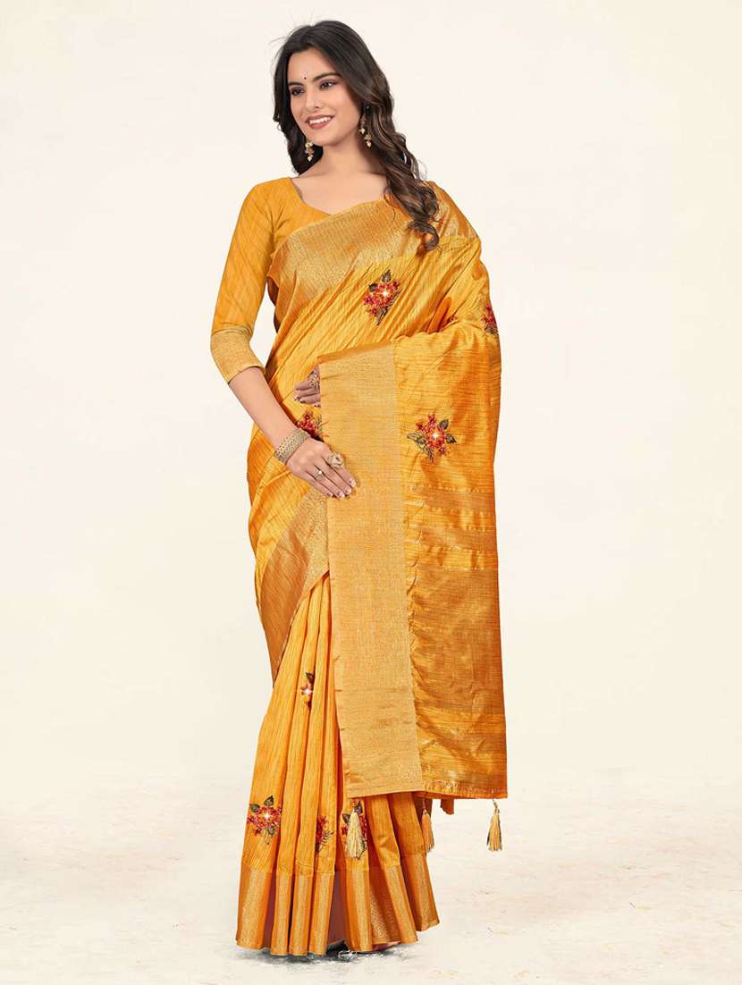 yellow embroidered gold bordered saree - 19471866 - Zoom Image - 0