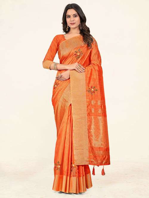 orange embroidered gold bordered saree with blouse - 19471870 - Standard Image - 0