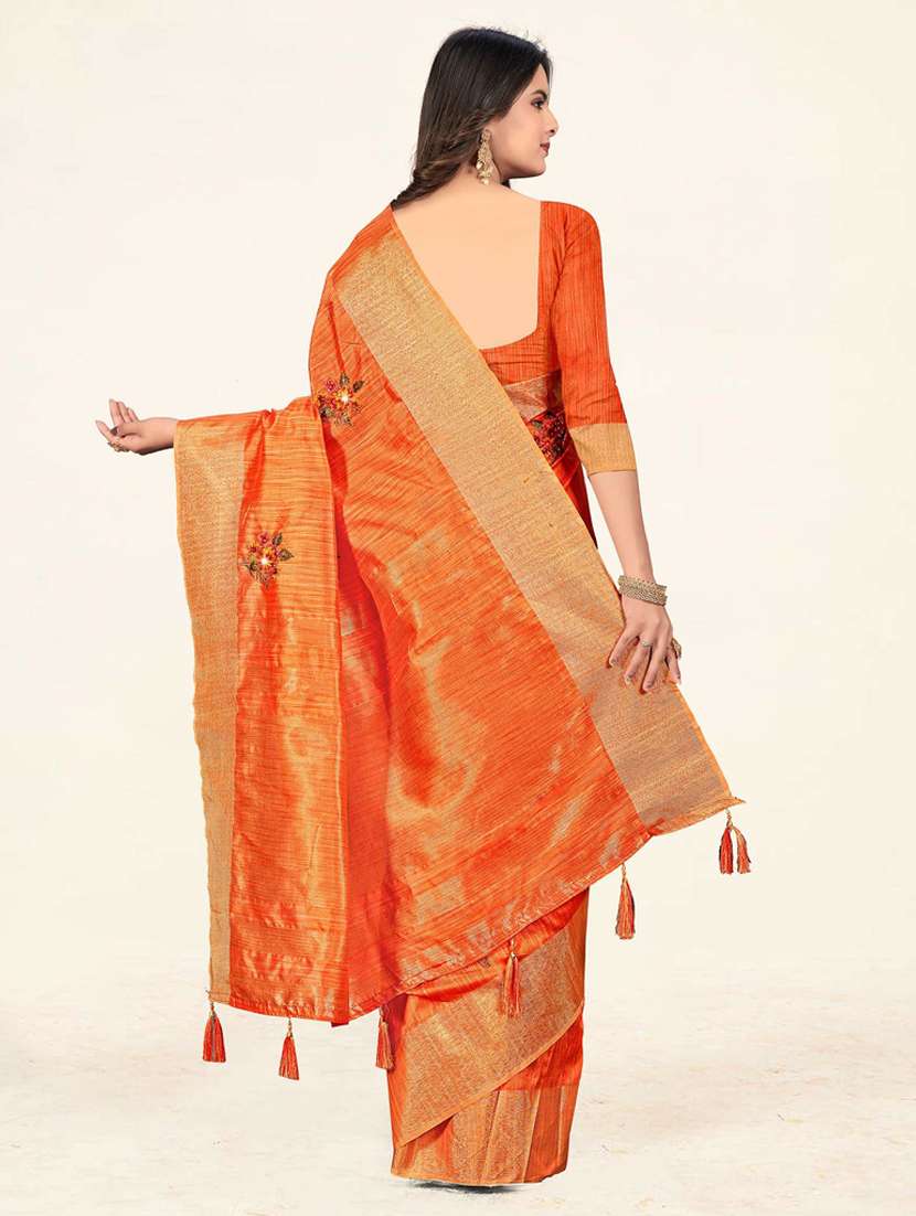 orange embroidered gold bordered saree with blouse - 19471870 - Standard Image - 3