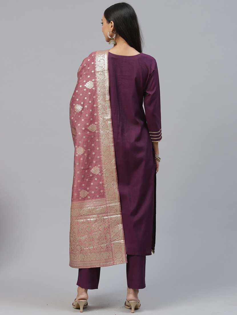 purple self design kurta, pant & dupatta set - 19473211 -  Standard Image - 3