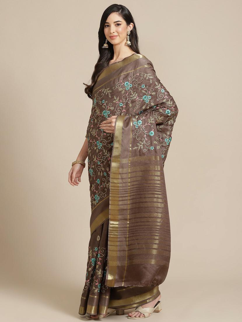 women's self design brown colored saree with blouse - 19473235 - Zoom Image - 0