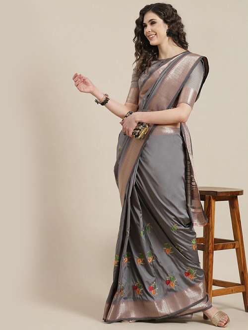 women's self design pearl grey colored saree with blouse - 19473308 - Standard Image - 0