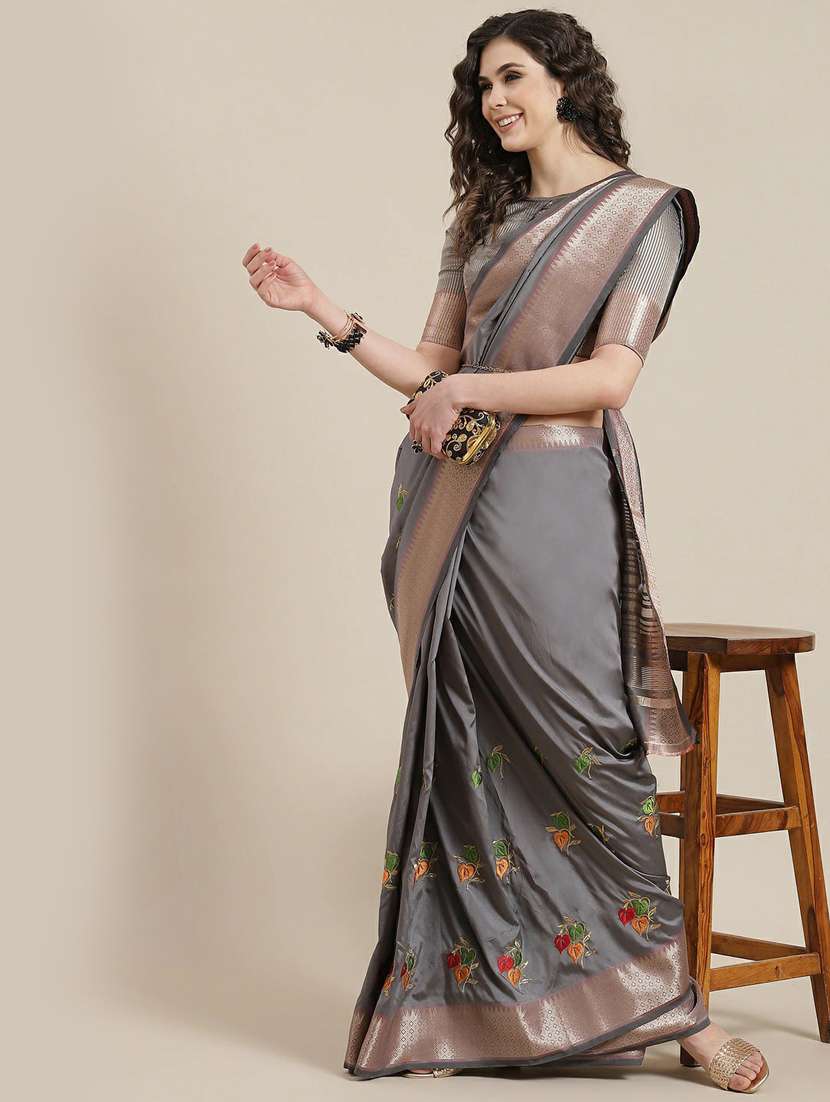 women's self design pearl grey colored saree with blouse - 19473308 - Zoom Image - 0