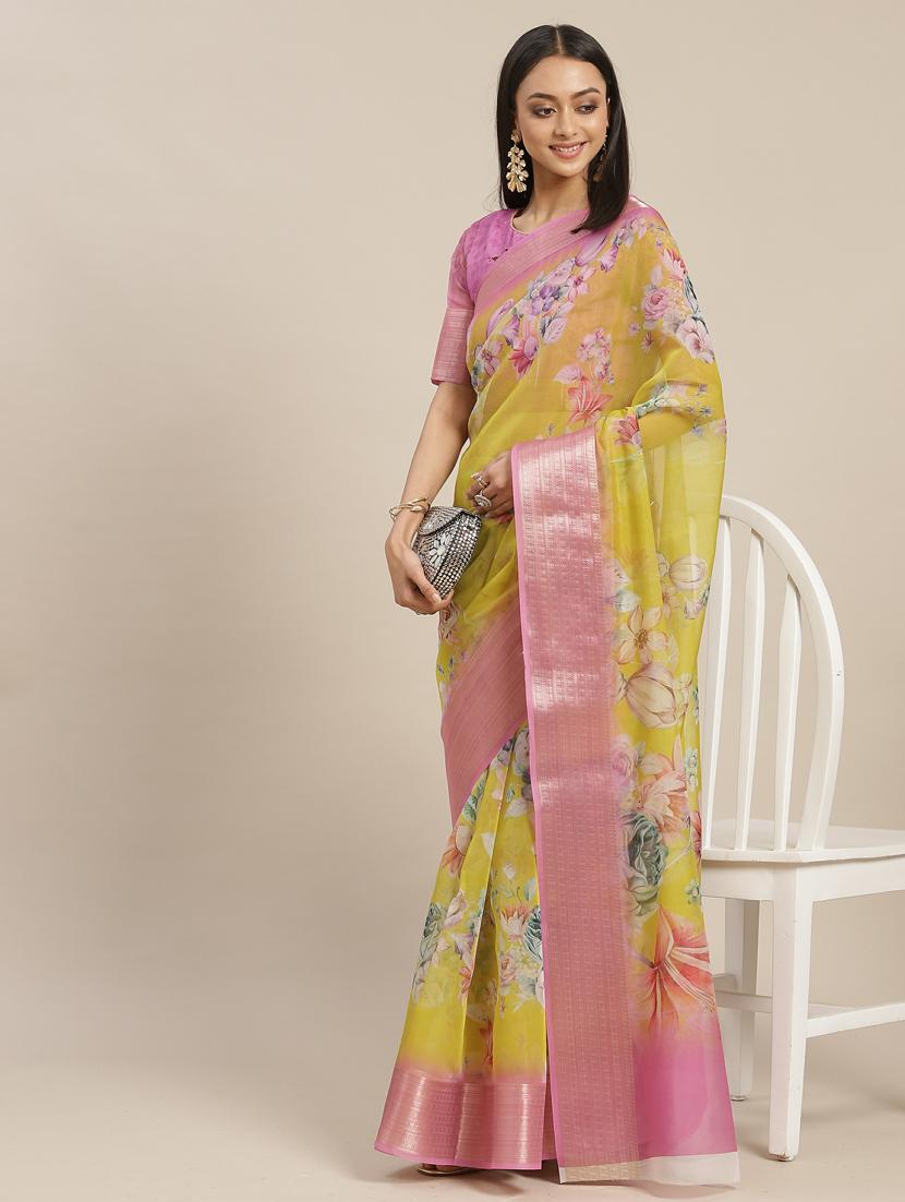 yellow printed saree with blouse - 19473324 - Zoom Image - 0
