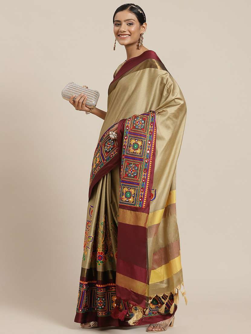 women's self design beige colored saree with blouse - 19473342 - Zoom Image - 0