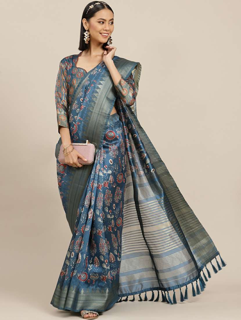 blue cotton printed saree with blouse - 19473349 -  Zoom Image - 0