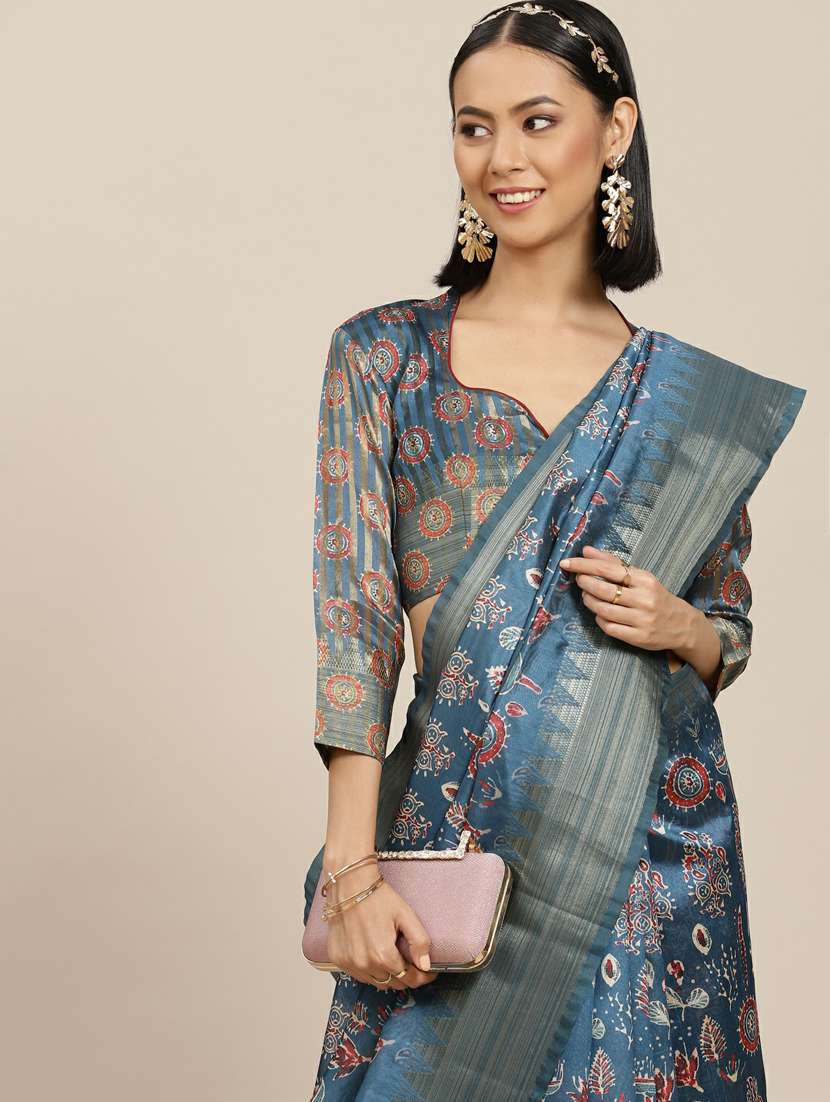 blue cotton printed saree with blouse - 19473349 - Standard Image - 3