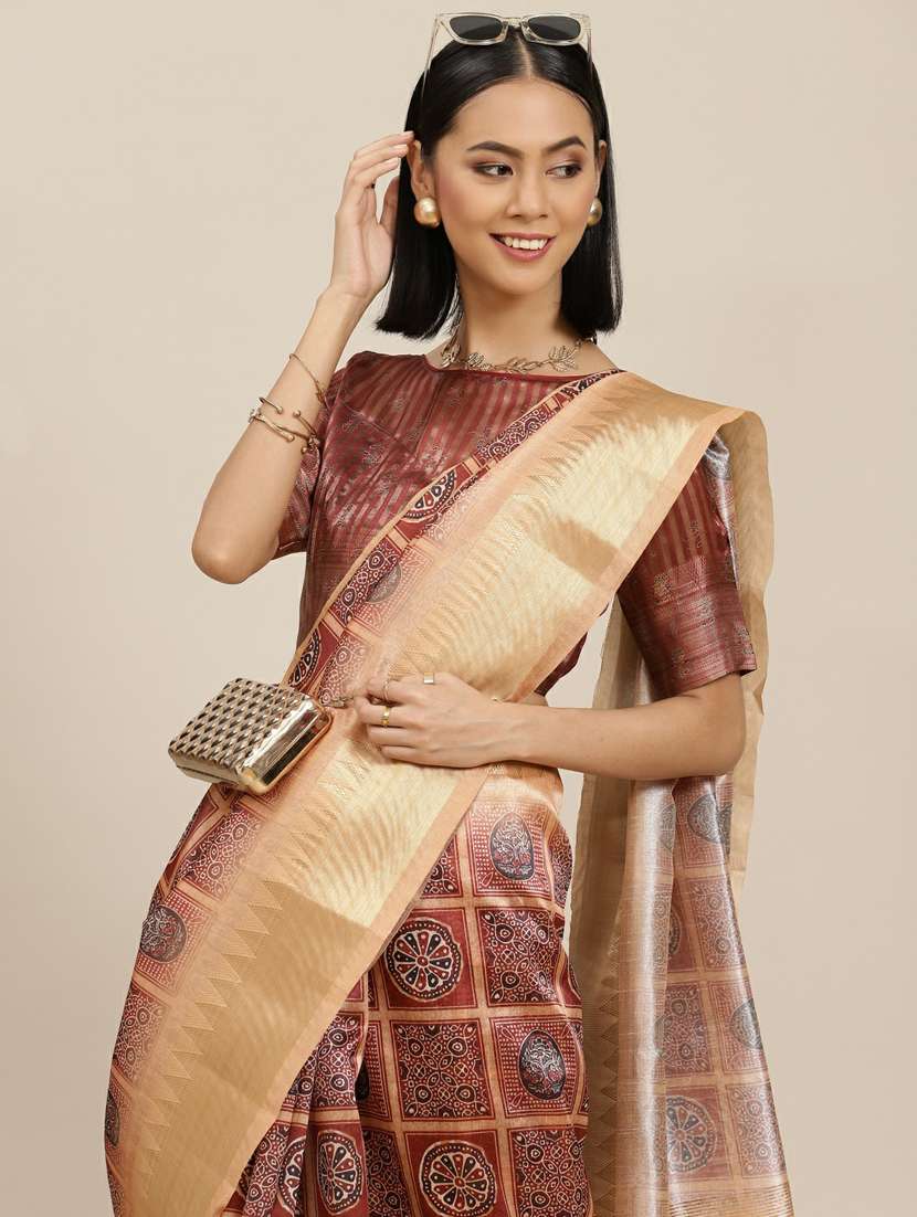 women's ajrakh maroon colored saree with blouse - 19473352 - Standard Image - 3