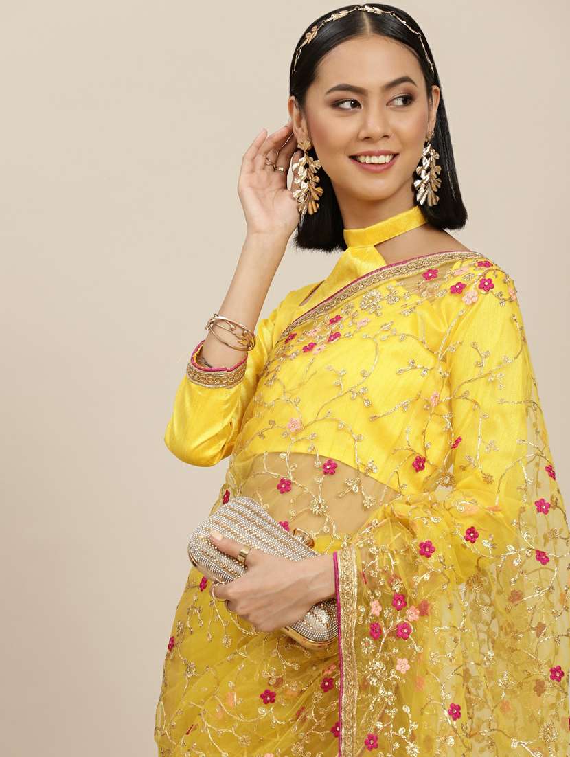 yellow embroidery and stone work with blouse - 19473382 - Standard Image - 3