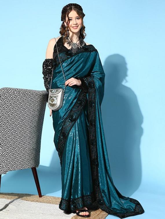 blue cotton blend printed saree with blouse