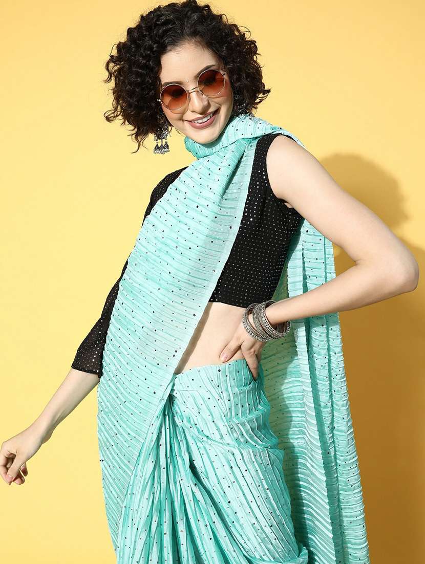women's polka dots turquoise colored saree - 19473396 - Standard Image - 3