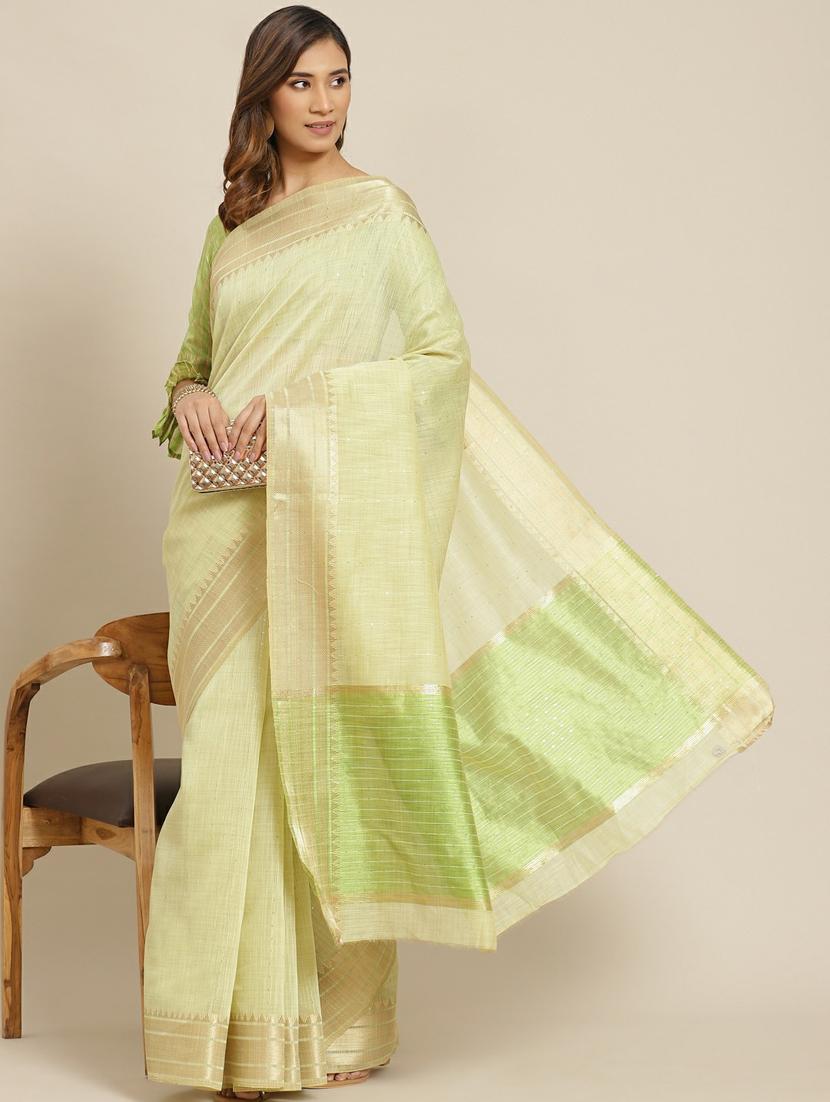 green cotton silk linen blend sequins work saree with blouse - 19473469 - Zoom Image - 0