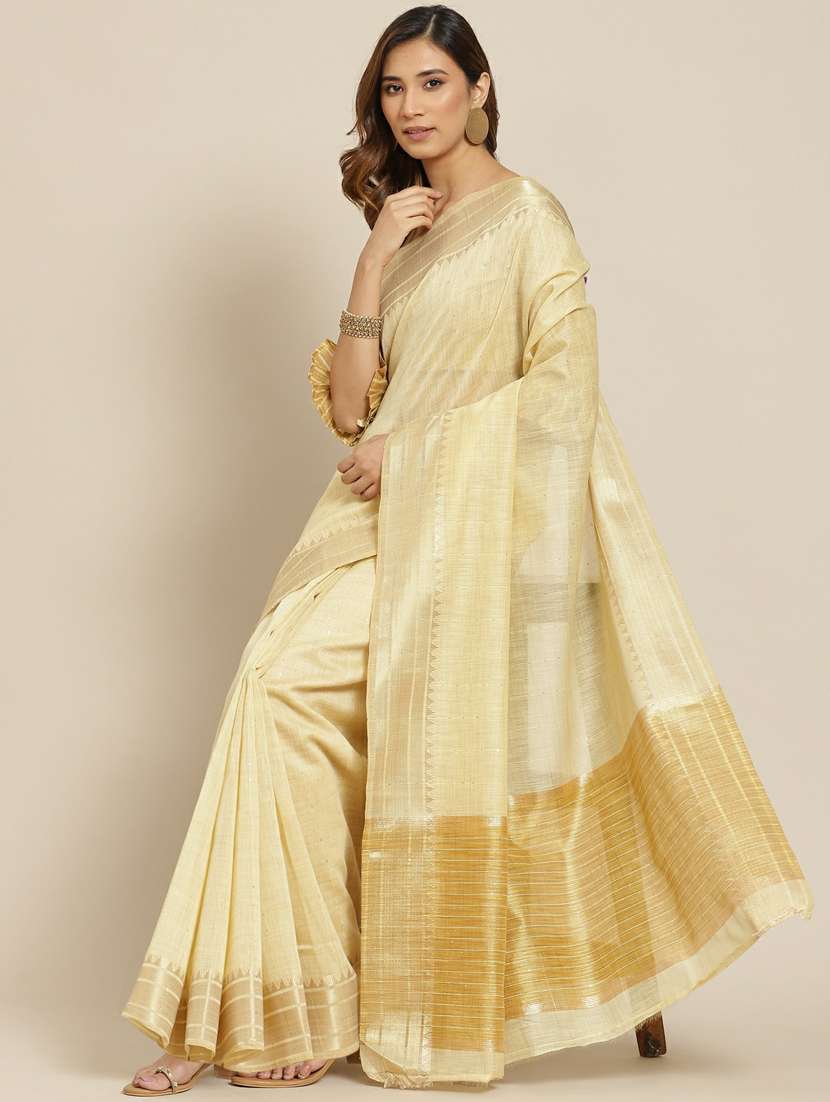 yellow cotton linen blend sequins work saree with blouse - 19473472 - Zoom Image - 0