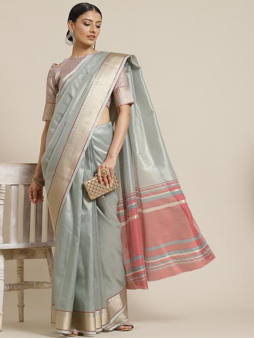 women's self design silver colored saree with blouse - 19473480 - Standard Image - 0