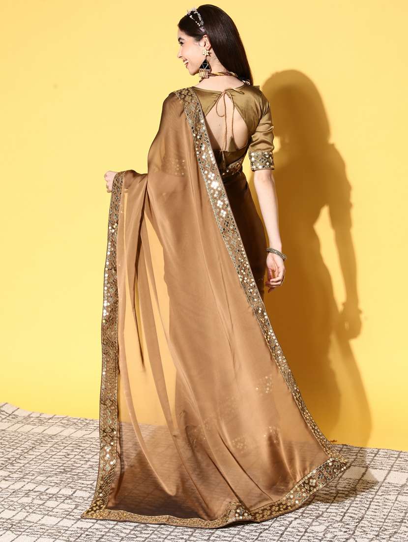 beige solid with sequins border saree with blouse - 19473517 -  Standard Image - 3