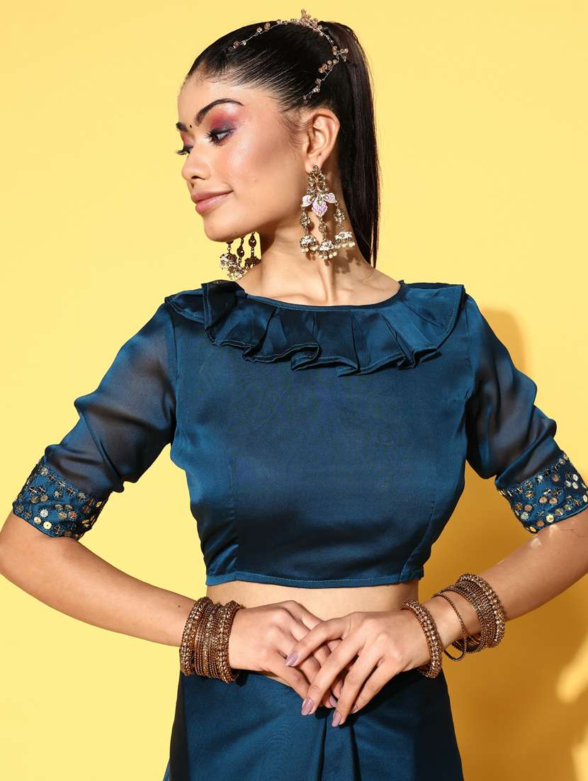 women's bordered navy blue colored saree with blouse - 19473519 -  Standard Image - 3