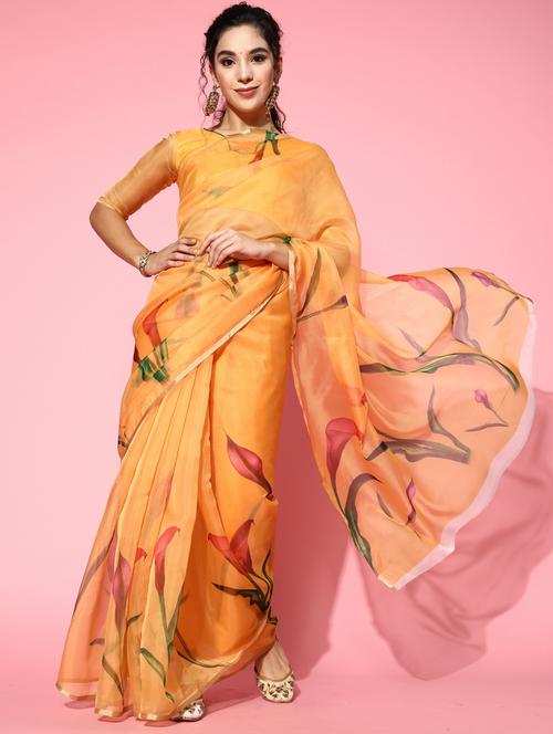 yellow printed organza saree with golden border saree - 19473535 - Standard Image - 0