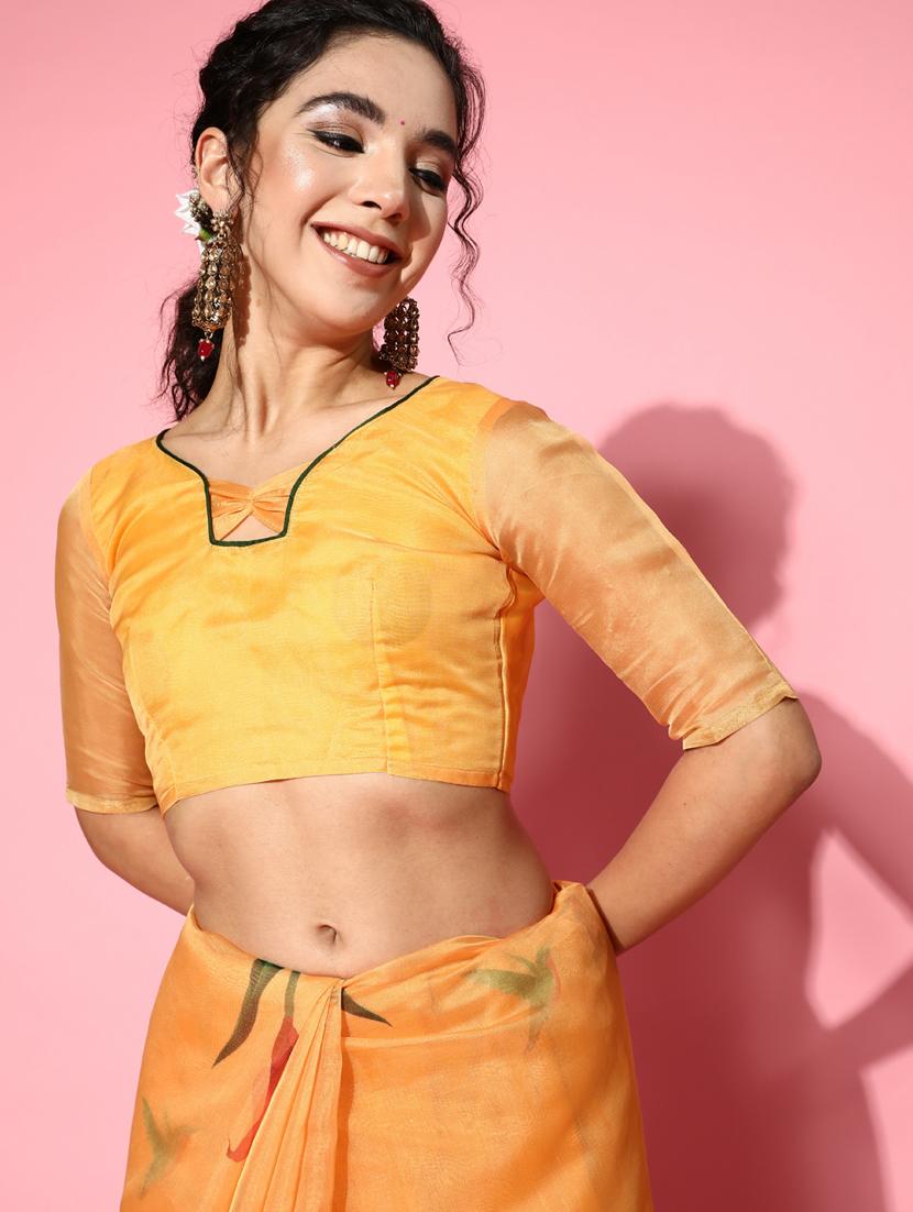 yellow printed organza saree with golden border saree - 19473535 - Standard Image - 3