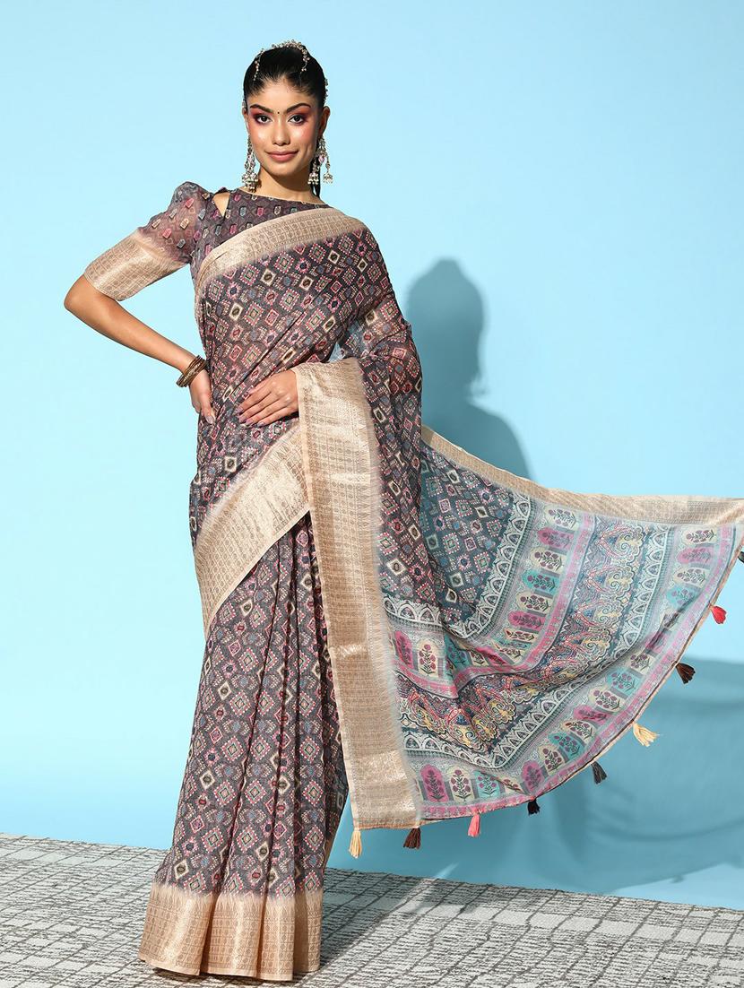 self design printed saree with blouse - 19473611 -  Zoom Image - 0