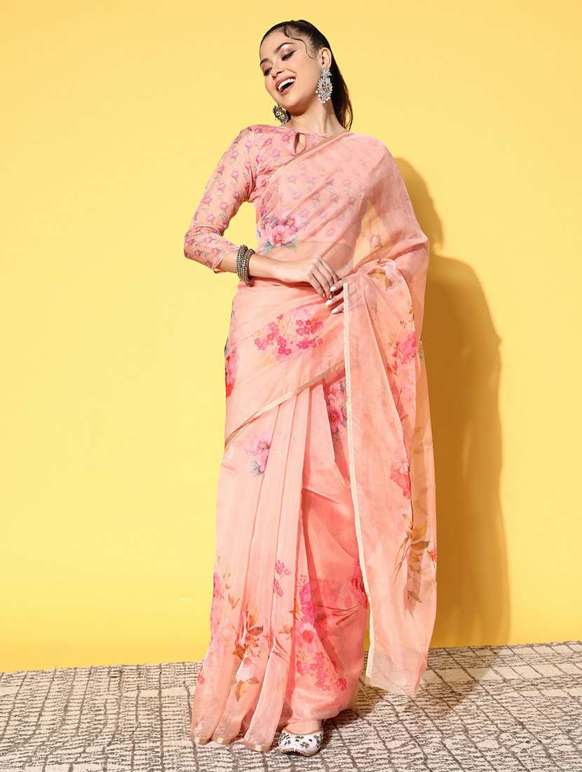 women's floral nude colored saree with blouse - 19473641 -  Zoom Image - 0