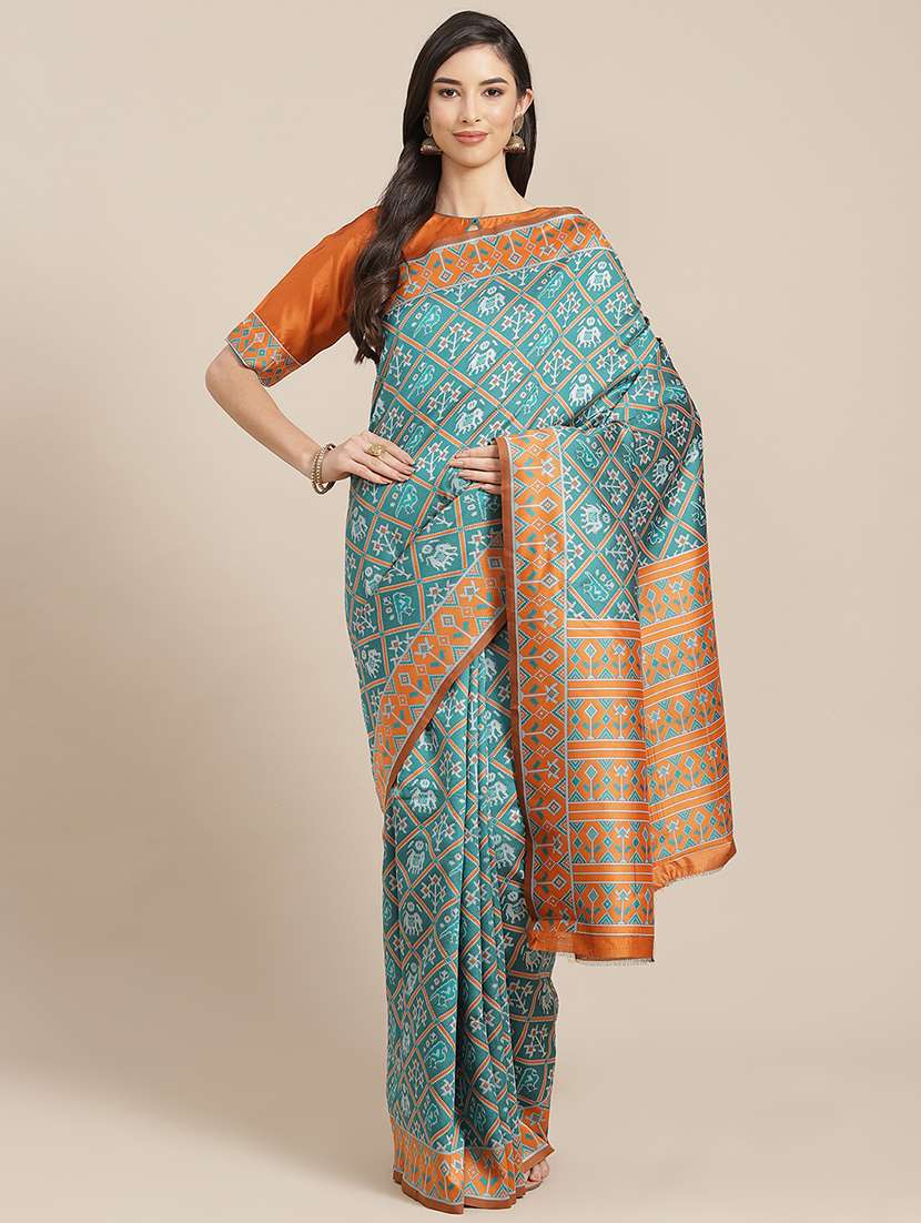 women's self design turquoise colored saree with blouse