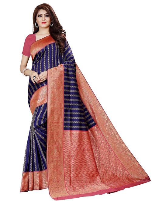 navy blue contrast bordered banarasi saree with blouse - 19475443 - Standard Image - 0