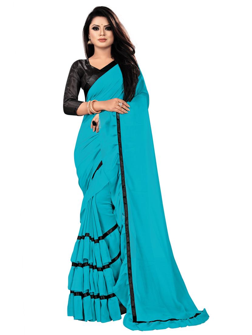 blue solid ruffled saree with blouse - 19475560 - Zoom Image - 0