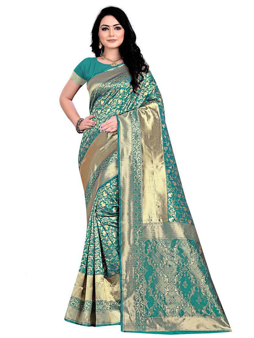 teal gold border banarasi saree with blouse - 19475742 -  Zoom Image - 0
