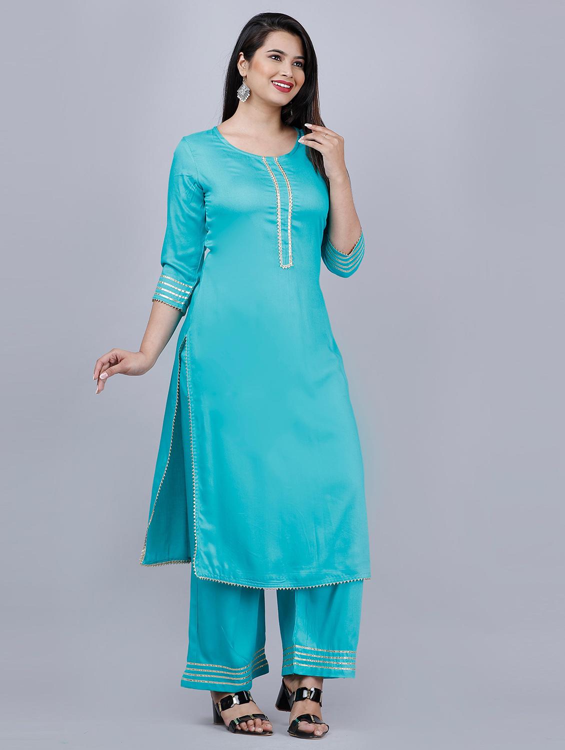 blue self design kurta palazzo set - 19481711 - Standard Image - 3