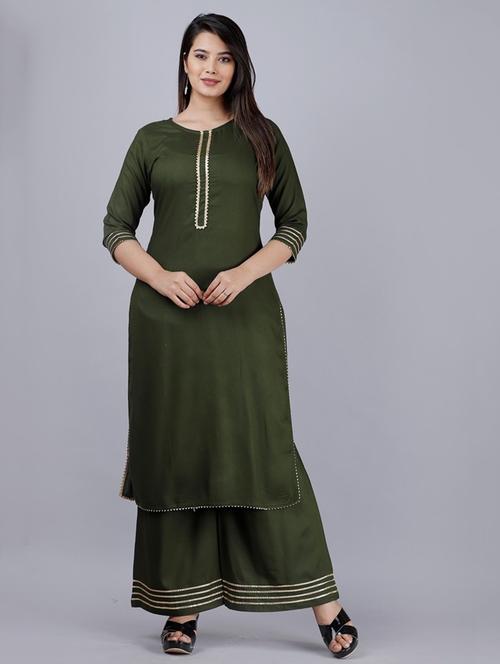 women olive solids kurta palazzo set - 19481774 - Standard Image - 0