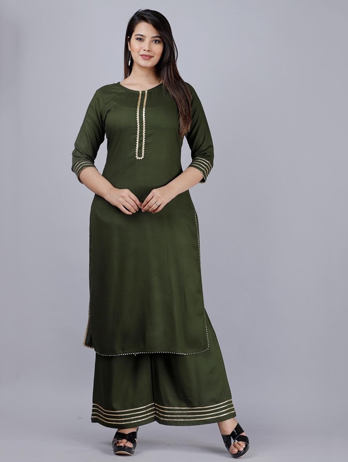 women olive solids kurta palazzo set - 19481774 - Zoom Image - 0