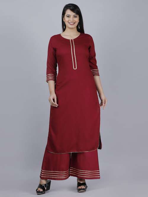 maroon self design kurta palazzo set - 19481775 - Standard Image - 0