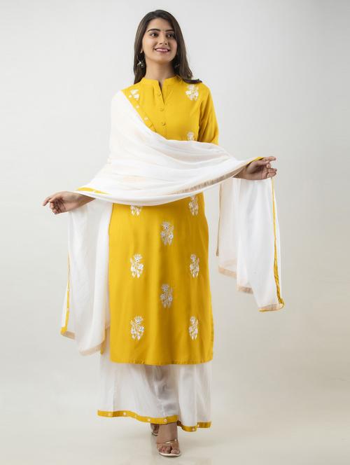 yellow self design kurta palazzo set with dupatta - 19481787 - Standard Image - 0